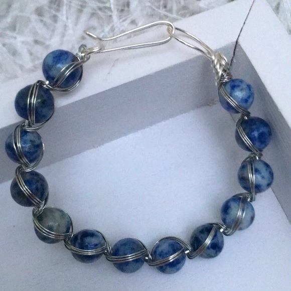 Handcrafted Blue Sodalite Gemstone Bead Silver Tone Wire Wrapped Bracelet - Picture 5 of 5